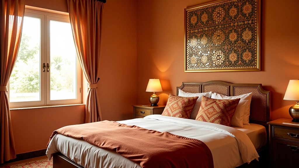 Interior shot of bedroom featuring coordinated Rajasthani textile wall decor with mirror work and embroidered patterns creating visual depth and warmth