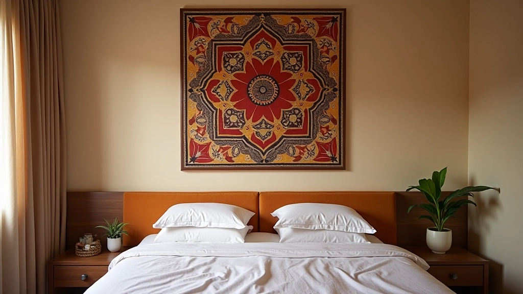 Bedroom wall showing a Rajasthani mirror textile properly positioned above a bed with ideal spacing and height alignment