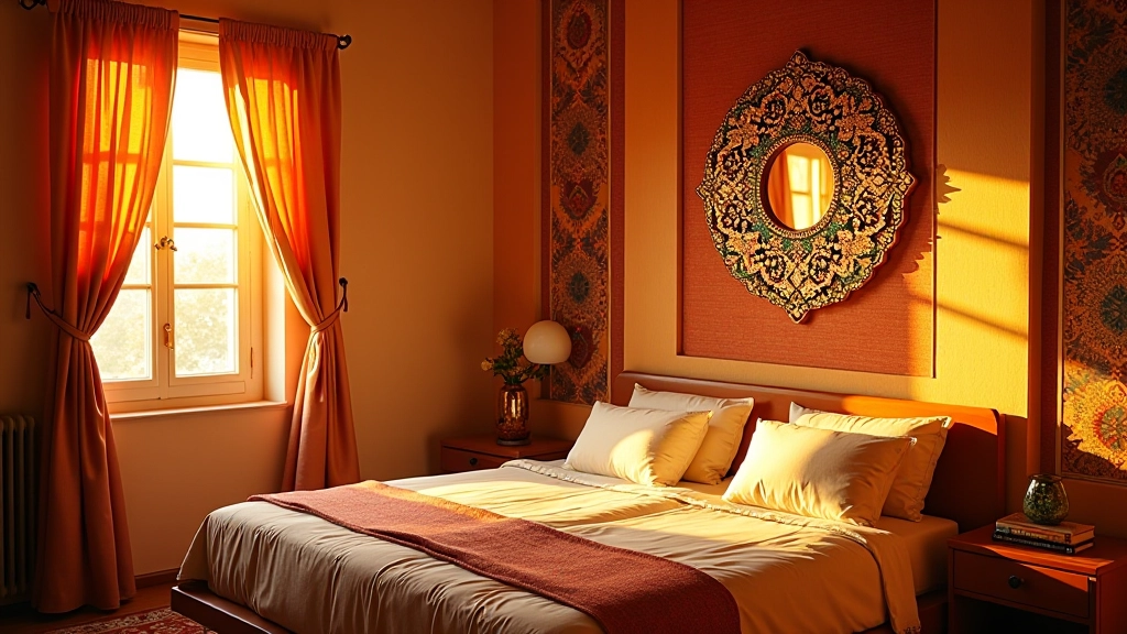 Bedroom at different times of day showing how natural light interacts with mirror work textile, creating varying reflections and sparkle effects