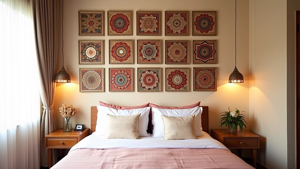 Bedroom wall with multiple smaller Rajasthani textile pieces arranged in a grid pattern with even spacing between each piece