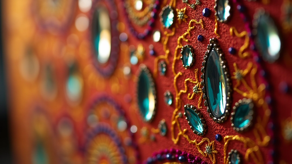 Close-up view of Rajasthani mirror work textile showing intricate glass mirror embellishments and colorful threadwork against fabric