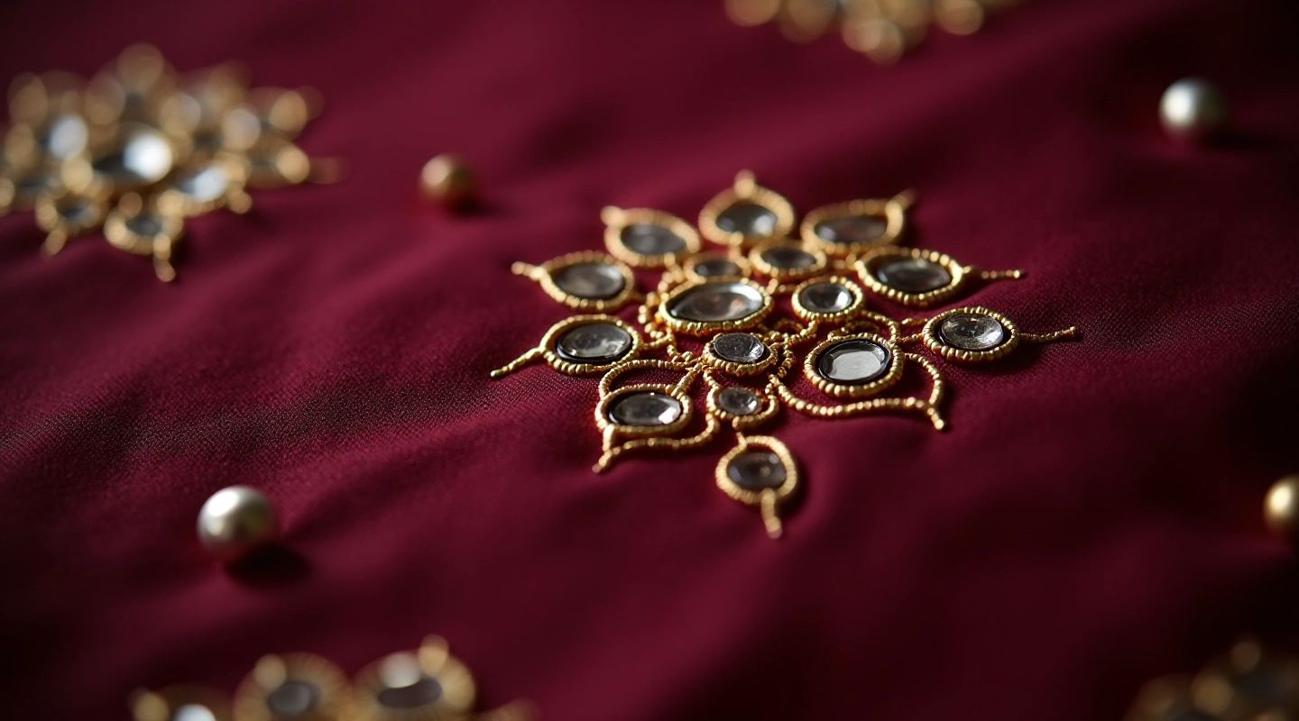 Close-up of intricate mirror mosaic embroidery showing small reflective mirrors stitched into burgundy fabric with gold threading