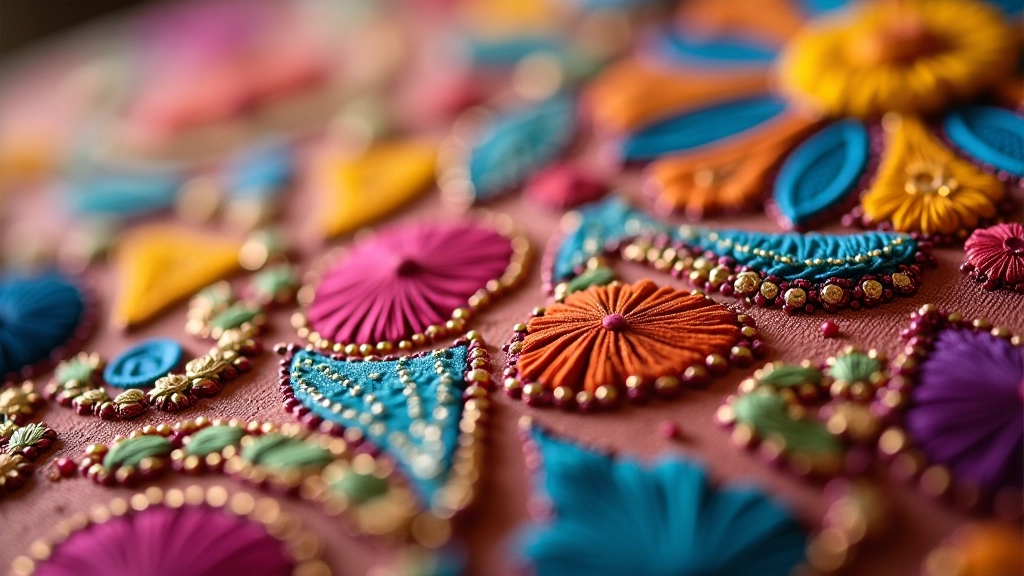 Close-up detail shot of colorful Rajasthani textile showing intricate mirror work and embroidered patterns with traditional color combinations