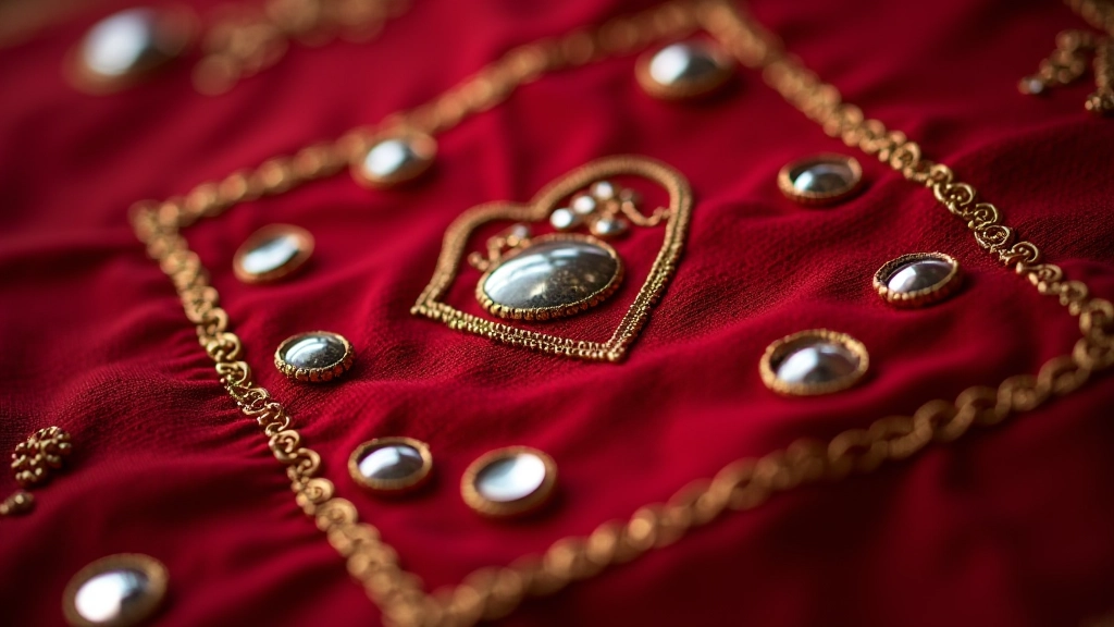 Detailed view of mirror work embroidery showing multiple small mirrors arranged in geometric patterns on deep red fabric with golden threads