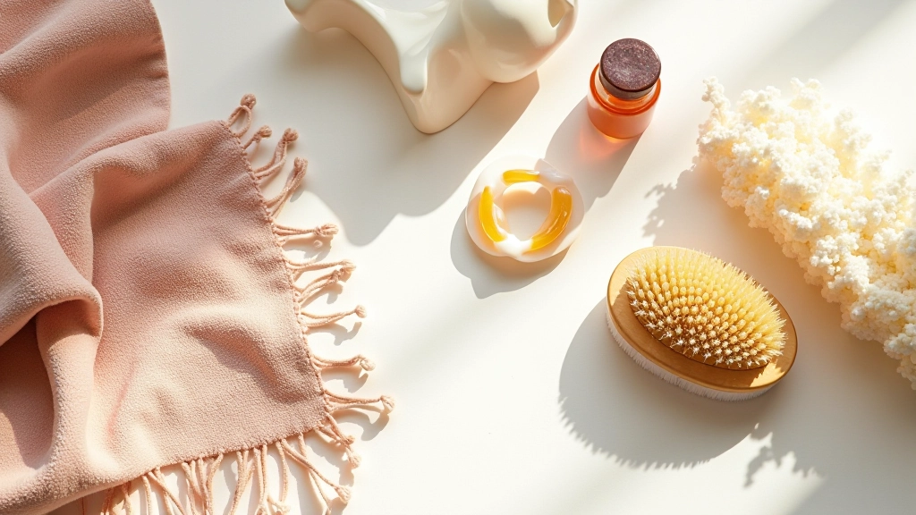 Detail shot of textile care items - soft cloth, gentle brush, and water droplet - arranged next to a piece of mirror work fabric showing maintenance being performed