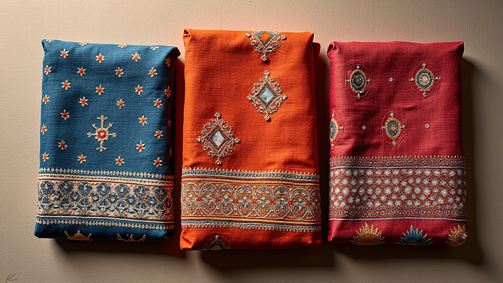 Flat lay composition showing three folded Rajasthani textiles with different color patterns - jewel tones and earth tones - displaying various embroidery styles