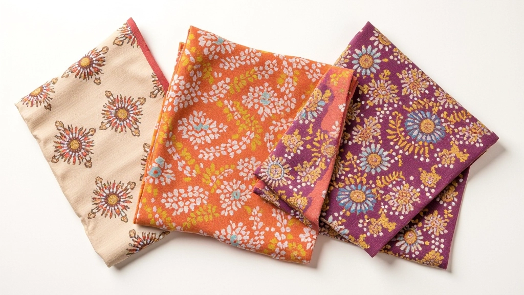 Styled flat lay showing three different Rajasthani textile patterns side by side - geometric mirror work, floral embroidery, and traditional motifs