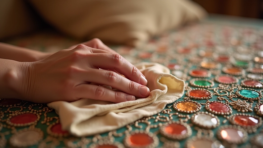 Close-up of hands gently cleaning a mirror work textile with a soft microfiber cloth, showing proper cleaning technique on embroidered fabric