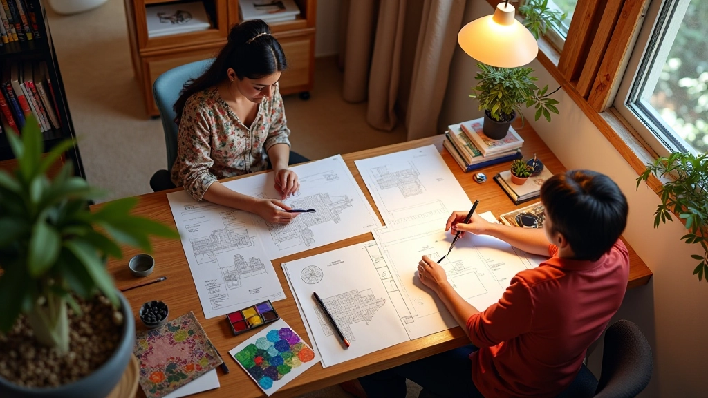 Interior designer measuring wall space and planning textile placement for optimal visual balance in a bedroom