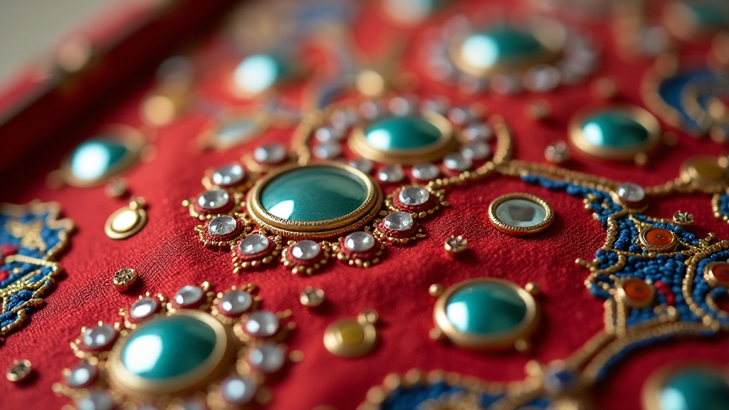 Close-up macro photograph of mirror work stitching showing thread patterns and how mirrors are secured to fabric