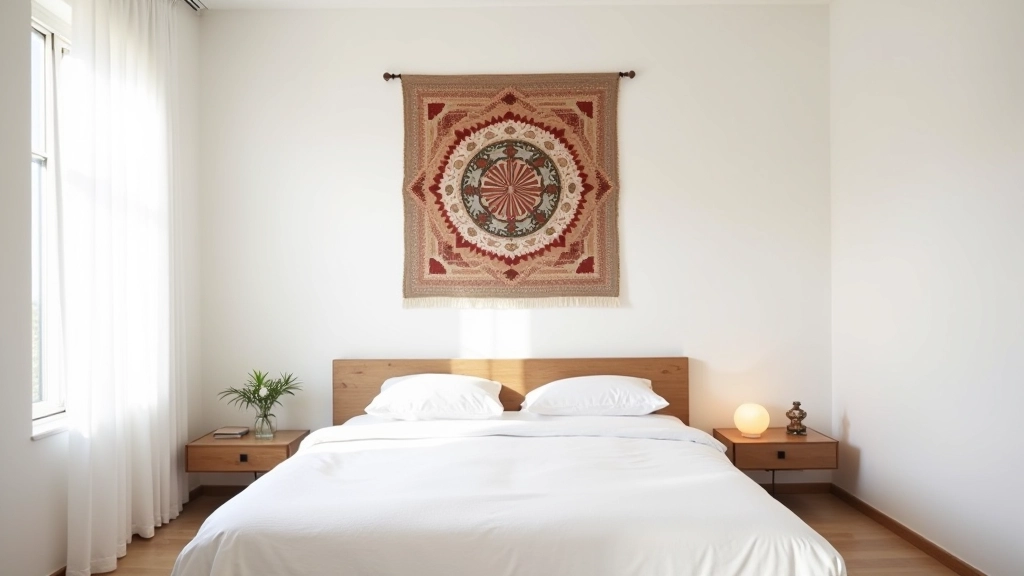 Modern minimalist bedroom featuring single Rajasthani mirror work textile as focal point against white walls with contemporary furniture