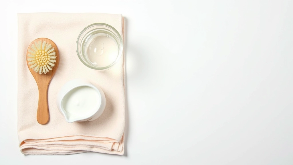 Arrangement of gentle textile cleaning supplies including soft-bristled brush, microfiber cloth, distilled water, and mild detergent laid out on clean white surface