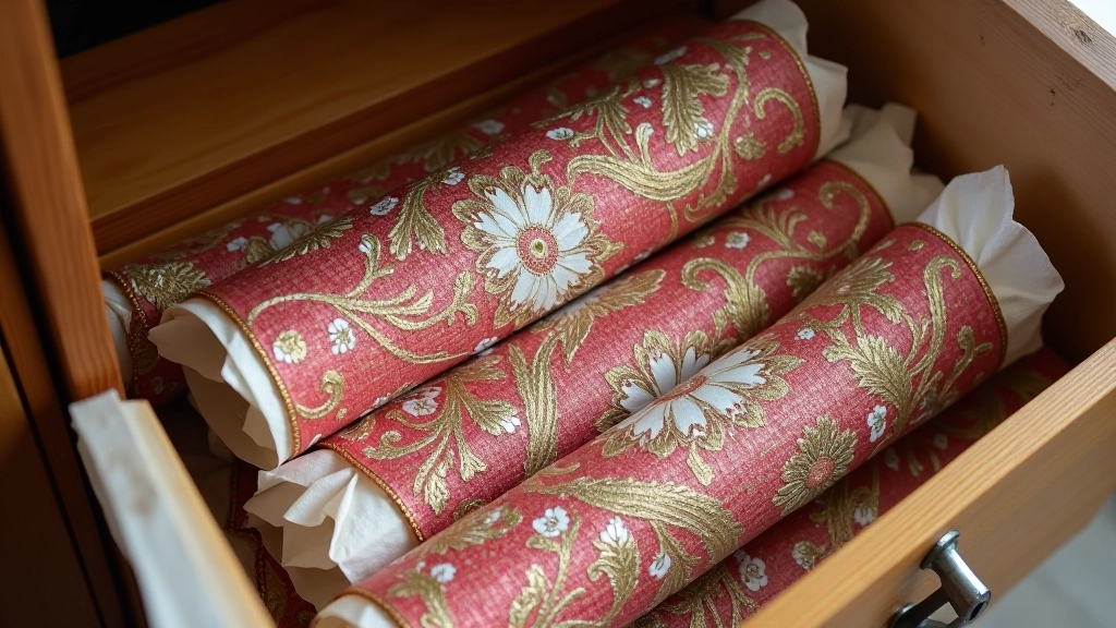 Neatly rolled mirror work textiles wrapped in tissue paper, stored in a clean, dry cabinet with silica gel packets visible, organized storage solution for preservation
