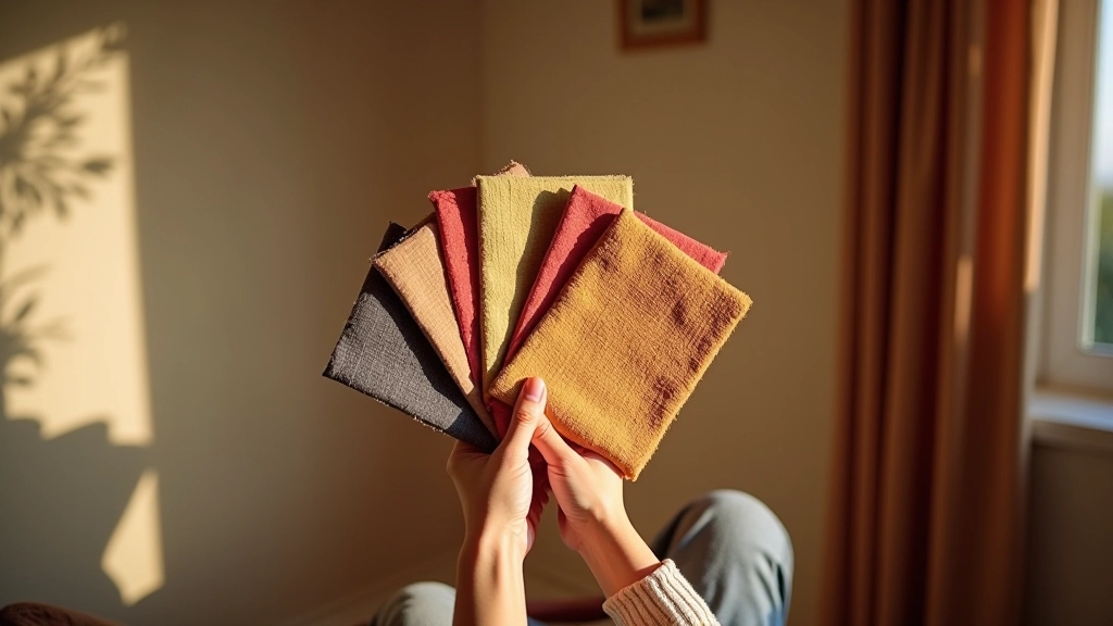 Bedroom detail showing color swatches held against wall next to Rajasthani textile to demonstrate color matching and coordination