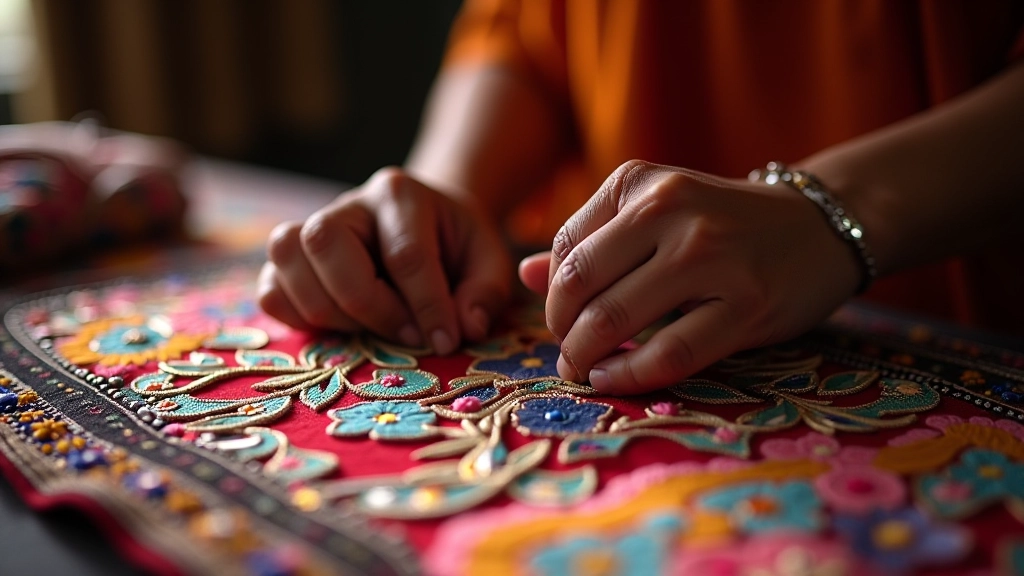 Artisan's hands at work showing the process of hand-stitching mirrors onto fabric
