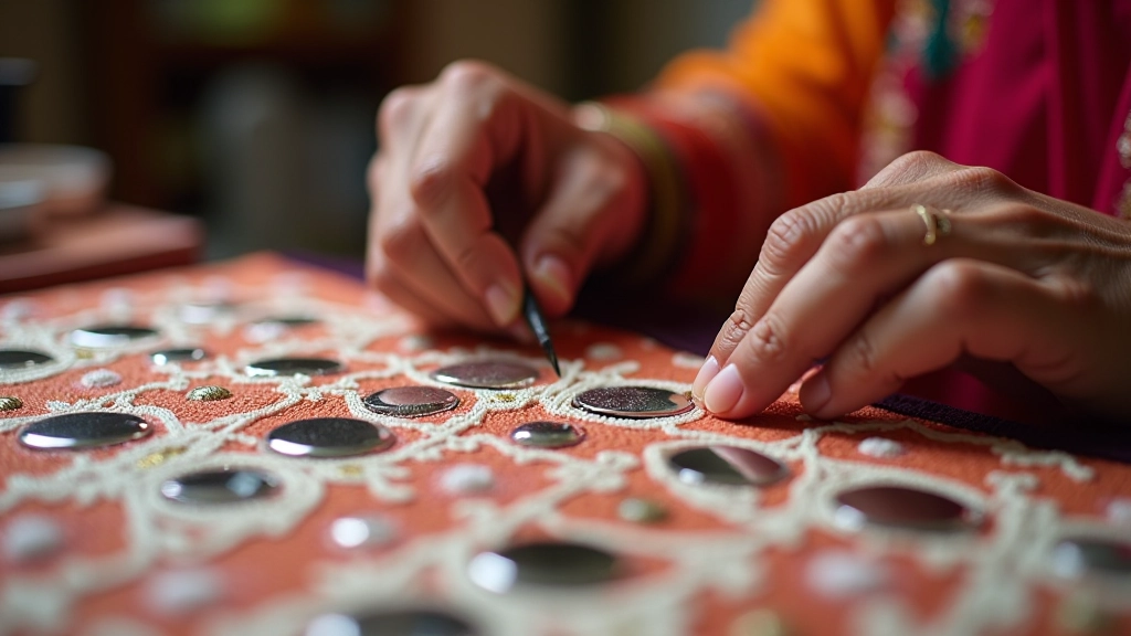 Skilled artisan hand-stitching mirrors into Rajasthani textile fabric