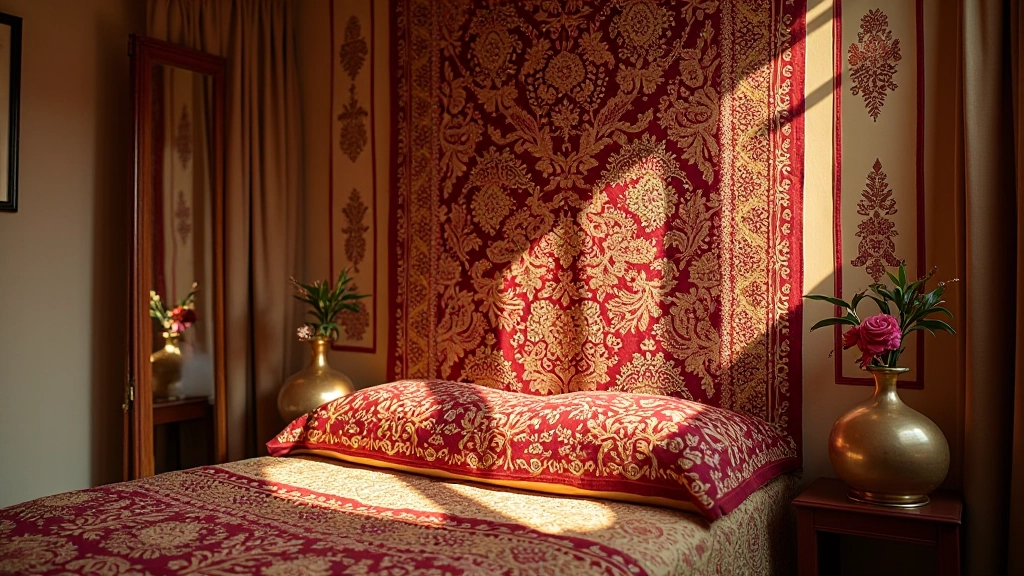 Traditional Rajasthani mirror work textile draped on decorative stand showing the full embroidered design with mirrors catching light