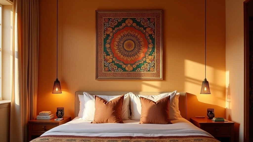 Bedroom wall featuring a large Rajasthani textile tapestry with mirror work arranged above an upholstered bed with coordinating pillows